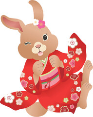 2023年　卯年　年賀状素材　かわいく跳ねる着物のうさぎ