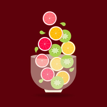 Sticker, badges, button, banner, flat illustration with deep transparent plate with sliced fruit. Orange, kivi, grayfruit, mint, lemon