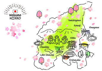 春の日光の観光地のシンプル線画イラストマップ（緑）