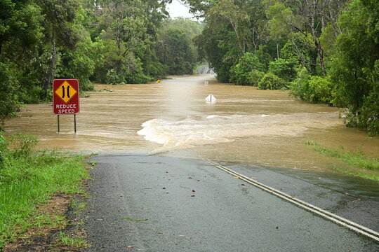 Flooded Road In The Sunshine Coast, Queensland, Australia 