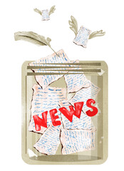 News in a glass jar. Messages fly out of the container watercolor illustration. Template for inserting into advertising, article, design