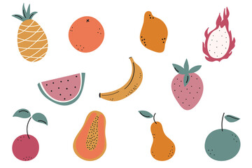 Doodle set of fruits and berries.Hand draw vector collection of tropical food elements. Pineapple, papaya, watermelon, pitaya, banana, orange. Vegan cuisine. Cartoon isolated icons.