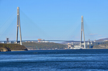 Vladivostok, Russia, October, 11, 2015.  Russian scene: Cable-stayed bridge to Russian island