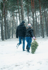 Fototapeta na wymiar Happy couple has fun with snow. Woman and man walking in winter forest. 