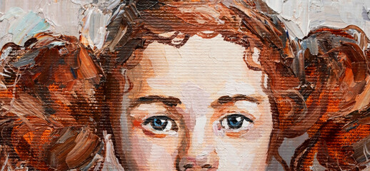 .Art painting. Portrait of a girl with red hair is made in a classic style. Background is grey..