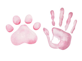 Watercolor illustration of hand painted pink hand print of men, woman, child and paw of cat, dog. Foot print of kitten, puppy. World Animal Day. Isolated clip art of human and animal friendship