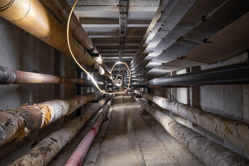 Underground concrete utility tunnel with pipes and wires. Freeze light in the tunnel.