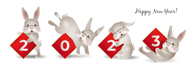 Chinese New Year 2023 of the rabbit. Set of cute bunnies in different poses in cartoon on white background. Hares fits for designing kids clothes, greeting cards, banner, poster. Vector illustration