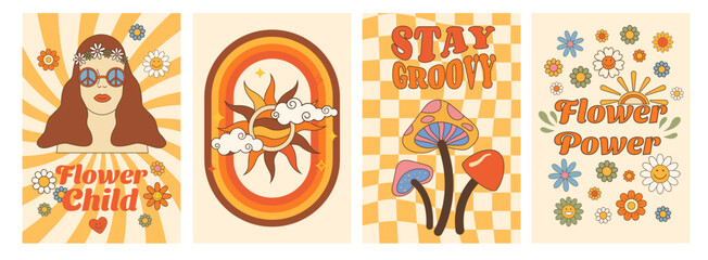 Retro groovy set vertical posters 60s-70s style. Daisy flowers, girl, mushroom, hippie slogans. Flower power, stay groovy, flower child, vector cards with inspirational quote. 