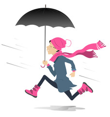 Wind, rain. Running young woman with umbrella. 
Funny running woman in the hat and big scarf holding umbrella. Illustration on white background
