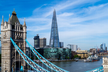 Elevated view of the famous Tower Bridge and skyline of London, UK