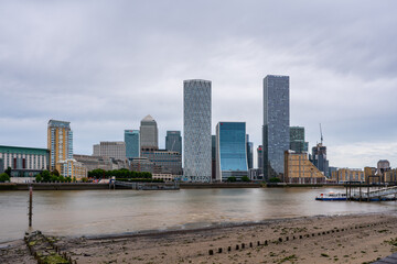 The modern skyscrapers of the financial district Canary Wharf in London, UK, on a sunny day