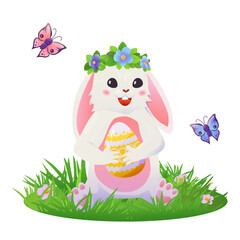 A cute white rabbit with a colored wreath on its head is held in the paws of an Easter egg and butterflies are flying around. Vector illustration