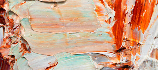 Macro. Abstract art. Expressive embossed pasty oil paints and reliefs. Colors: white,.blue, beige, brown, orange.