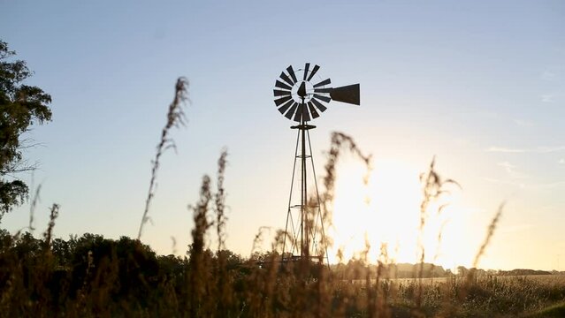 Focus shift from grass to old windmill water pump on field at sunset