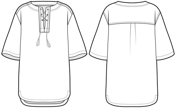 Ethnic tunic top kurta flat sketch technical cad drawing vector template