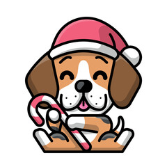 A CUTE BEAGLE DOG IS WEARING SANTA HAT AND BRINGING A CANDY