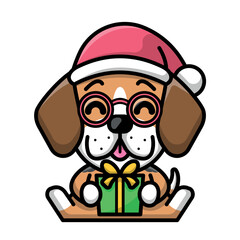 A CUTE BEAGLE DOG IS WEARING SANTA HAT AND BRINGING A PRESENT BOX