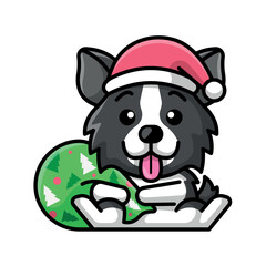 PrintA CUTE BORDER COLLIE DOG IS WEARING A SANTA HAT AND CARRYING A PRESENT BAG