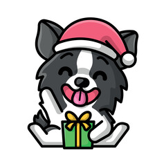A CUTE BORDER COLLIE DOG IS WEARING A SANTA HAT AND HOLDING A PRESENT BOX