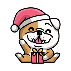 A CUTE BULLDOG WITH A SANTA HAT AND HOLDING A PRESENT BOX