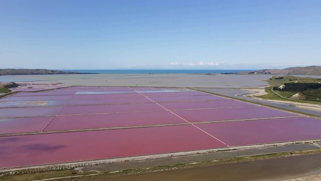 Vibrant pink Salt works ponds with Ocean view behind, Aerial dolly shot.