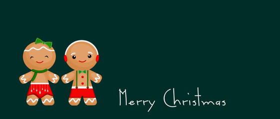 Christmas banner. Green background of gingerbread man Xmas design. Horizontal new year poster,  greeting card, and headers for the website.