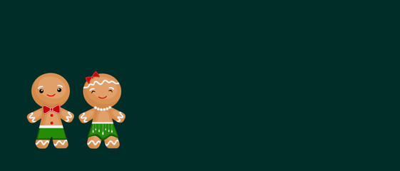 Christmas banner. Green background of gingerbread man Xmas design. Horizontal new year poster,  greeting card, and headers for the website.