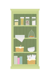 Fototapeta premium Provence style green cupboard with kitchenware. Wooden furniture. Rustic interior concept. Cartoon flat style. Vector illustration