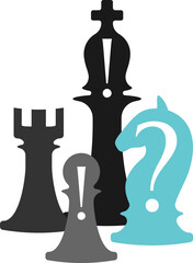 Business conceptual illustration with chess symbols. Horse with question mark and bishop and pawn with exclamation marks.