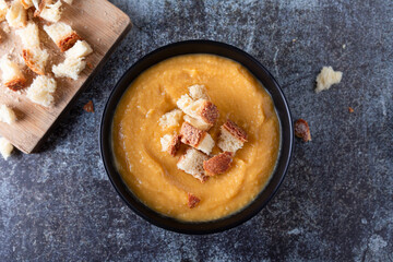 Pumpkin soup with croutons. Light and nutritious autumn dish, ideal for dinner.