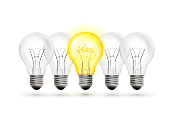 Light bulbs group and one yellow glow lamp. Idea concept vector