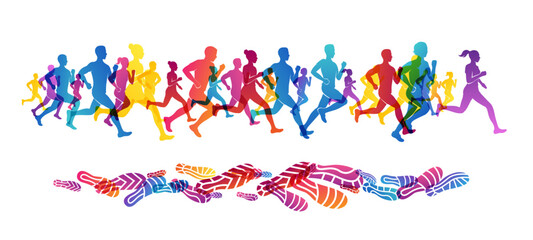 Colorful silhouettes of running people. Conceptual vector illustration of marathon. Sport background with mans and womans in active lifestyle.