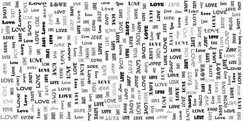 Love words decorative illustration. Vector black and white background with typography design.