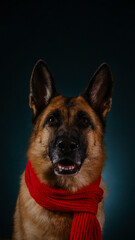 Studio photo inside on dark blue background, happy dog smiling. Vertical greeting card with copy space. Pet looks like human. Beautiful German Shepherd with red knitted scarf portrait close-up.