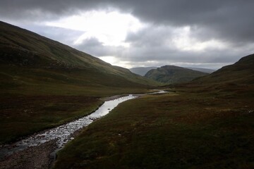 Scenic landscape of Scottish Highlands near Kinlochleven, Scotland