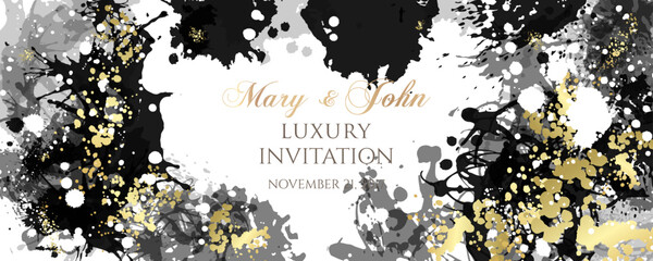 Luxury invitation with ink splash texture. Abstract artistic background with black and gold paint design elements. Horizontal banner