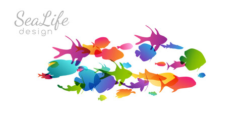 Fototapeta na wymiar Colony of swiming sea or aquarium colorful fishes. Group of color silhouettes . Collection of isolated vector decoration.