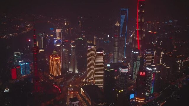 Night aerial view of downtown Shanghai, China. Shanghai World Financial Center (SWFC)