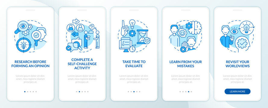 Avoiding confirmation bias tips blue onboarding mobile app screen. Walkthrough 5 steps editable graphic instructions with linear concepts. UI, UX, GUI template. Myriad Pro-Bold, Regular fonts used