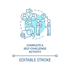 Complete self challenge activity turquoise concept icon. Avoiding cognitive bias tip abstract idea thin line illustration. Isolated outline drawing. Editable stroke. Arial, Myriad Pro-Bold fonts used