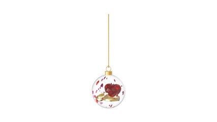 romantic glossy transparent glass christmas ball with big red love glass heart inside surrounded by flying red pink purple hearts hanging from top upright 3D rendering isolated