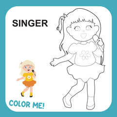 Kids’ dream job theme coloring page for kids. A cute singer singing happily Educational printable coloring worksheet. Kawaii cartoon vector illustration file