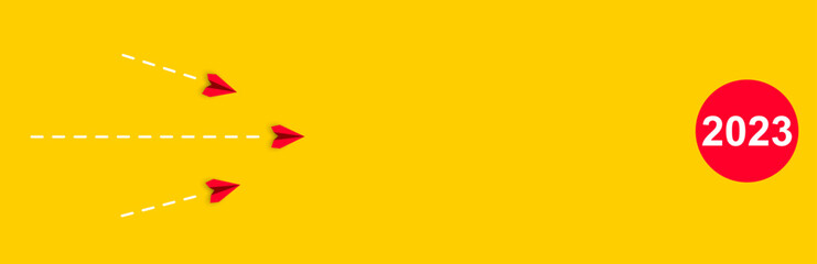 Red airplanes are flying to new year 2023.changing life different way idea concept. Different thinking, Business leader, personality development idea concept.
