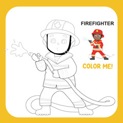 Kids’ dream job theme coloring page for kids. A cute firefighter boy. Educational printable coloring worksheet. Kawaii cartoon vector illustration file
