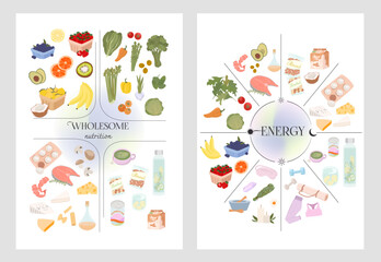 Collection of inspiration poster for healthy food, wholesome nutrition, energy balance. Editable vector illustration.