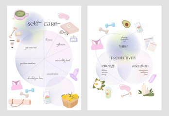 Inspiration poster for Self care and productivity. Mental health, psychology, self love and balance life. Editable vector illustration.