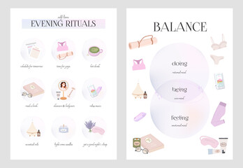 Inspiration posters for evening routine and balance life. Mental health, self care poster. Editable vector illustration.