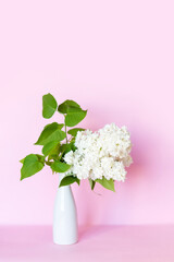 white vase with a branch of white lilac on the table. In the background is a soft pink background. Minimalistic concept with place for text.