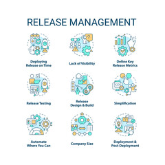 Release management concept icons set. Product development. Software delivery process idea thin line color illustrations. Isolated symbols. Editable stroke. Roboto-Medium, Myriad Pro-Bold fonts used
